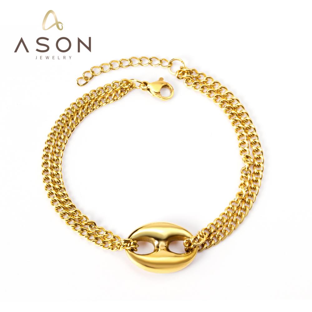 ASON 316L Stainless Steel Charm Nose Connector Bracelet Gold Color Bangle with Extender 17+3cm Fashion Jewelry Accessories asonjewelry